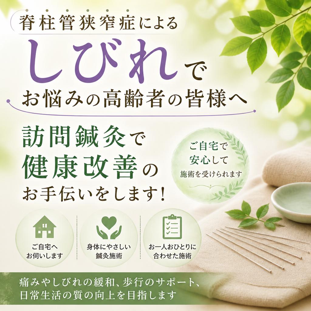 脊柱管狭窄症によるしびれでお悩みの高齢者の皆様へ<br>訪問鍼灸で健康改善のお手伝いをします！